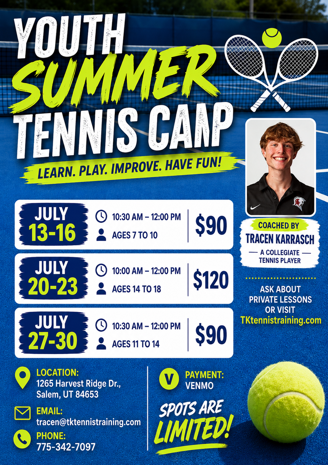 Youth Summer Tennis Camp flyer — three July sessions with pricing and details